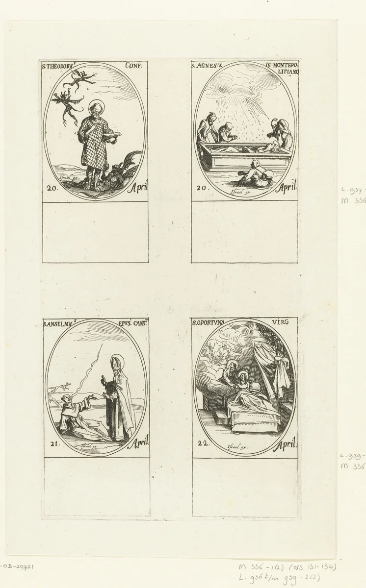 Heilige Theodorus Trichinas, Heilige Agnes van Montepulciano, Heilige Anselmus van Canterbury, Heilige Opportuna van Montreuil (20-22 april) by Jacques Callot, print, 1632-1636