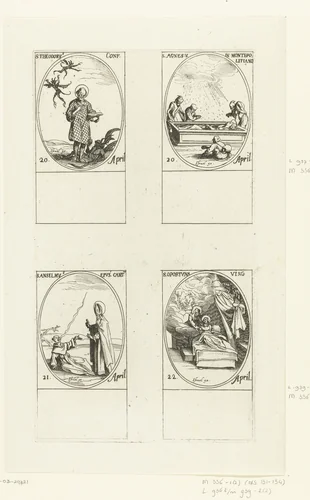 Heilige Theodorus Trichinas, Heilige Agnes van Montepulciano, Heilige Anselmus van Canterbury, Heilige Opportuna van Montreuil (20-22 april) by Jacques Callot, print, 1632-1636