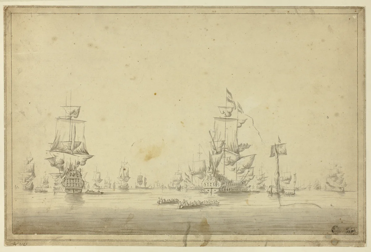 Fleet of Ships Anchored at Sea by Willem van de Velde, drawing, 1700-1799