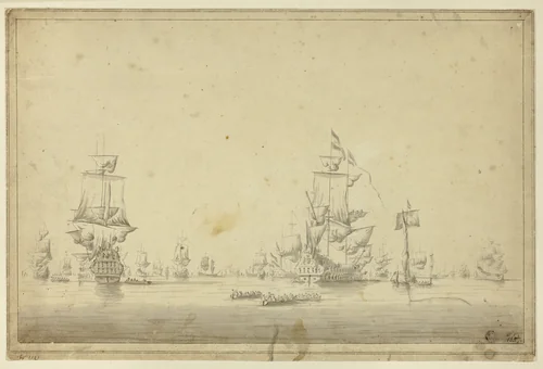 Fleet of Ships Anchored at Sea by Willem van de Velde, drawing, 1700-1799