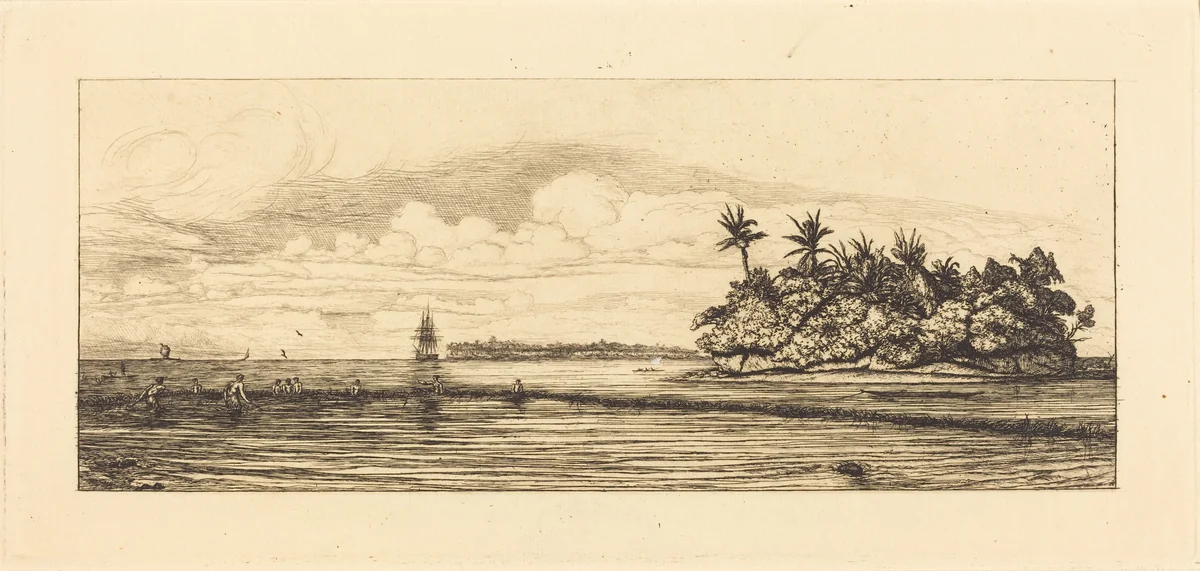 Océanie, ilots à Uvea (Wallis); Peche aux palmes, 1845 (Oceania: Fishing, Near Islands with Palms in the Uea or Wallis Group) by Charles Meryon, print, 1863