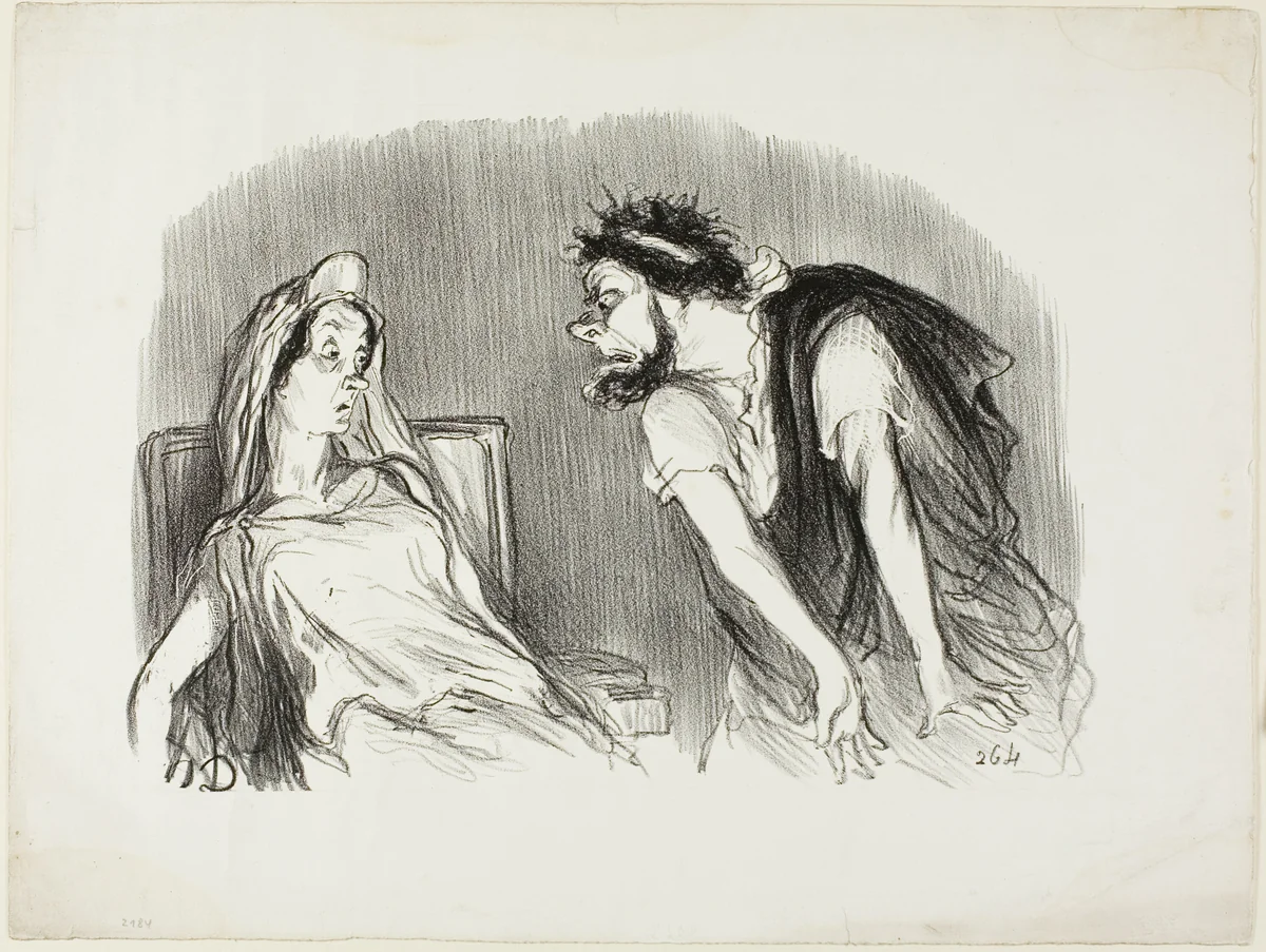 Oedipe. “- When my sword cut into his bleeding heart - You are trembling Madame - It was then that the world was falling apart,” plate ten from Physionomies tragiques by Honoré-Victorin Daumier, print, 1851