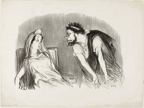 Oedipe. “- When my sword cut into his bleeding heart - You are trembling Madame - It was then that the world was falling apart,” plate ten from Physionomies tragiques by Honoré-Victorin Daumier, print, 1851