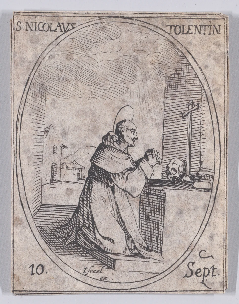 S. Nicolas de Tolentino (St. Nicholas of Tolentino), September 10th, from "Les Images De Tous Les Saincts et Saintes de L'Année" (Images of All of the Saints and Religious Events of the Year) by Jacques Callot, print, 1636