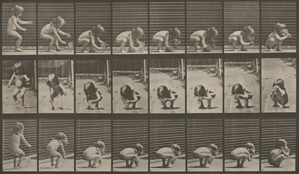 Plate Number 477. Child stooping, lifting a goblet and drinking by Eadweard Muybridge, photograph, 1887