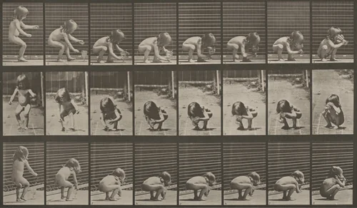 Plate Number 477. Child stooping, lifting a goblet and drinking by Eadweard Muybridge, photograph, 1887