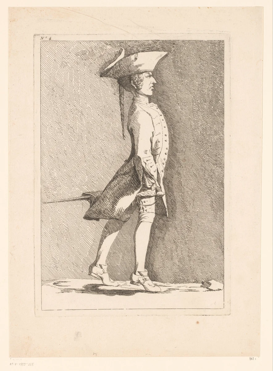 Karikatuur van een Franse soldaat by Ange Laurent de Lalive de Jully, print, 1745-1779
