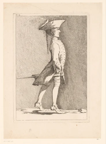 Karikatuur van een Franse soldaat by Ange Laurent de Lalive de Jully, print, 1745-1779
