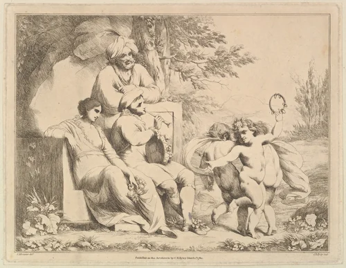 Three Putti Dancing to a Piper by Charles Reuben Ryley, print, 1780