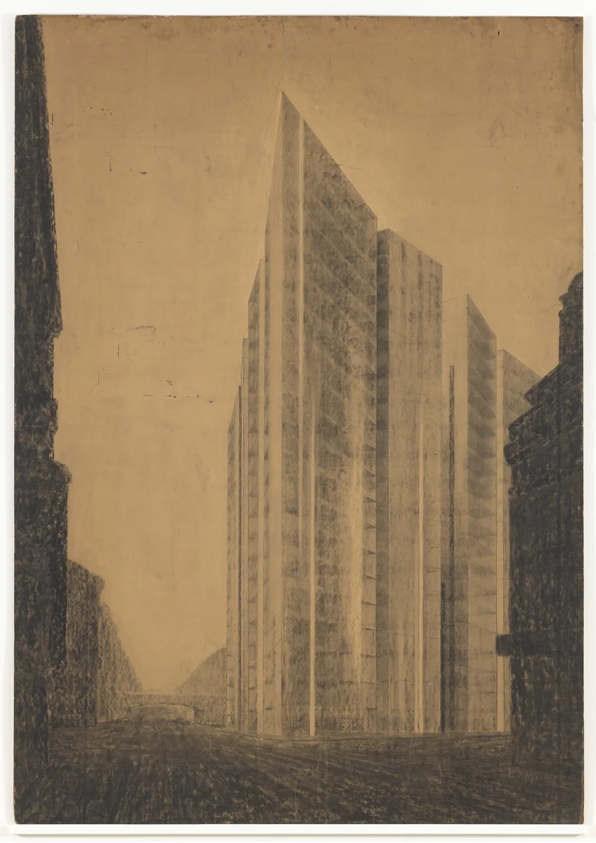 Friedrichstrasse Skyscraper Project, Berlin-Mitte, Germany (Exterior perspective from north) by Ludwig Mies van der Rohe, mies van der rohe archive, 1921