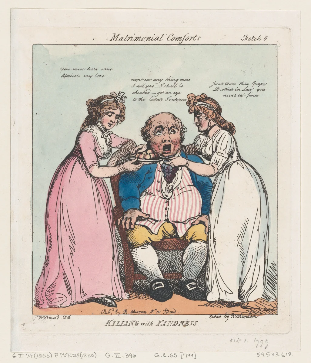 Killing with Kindness by Thomas Rowlandson, print, 1799