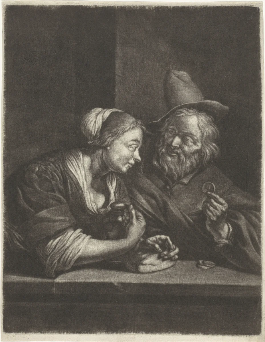 Jonge vrouw en oude man by Jacob Toorenvliet, print, 1651-1719