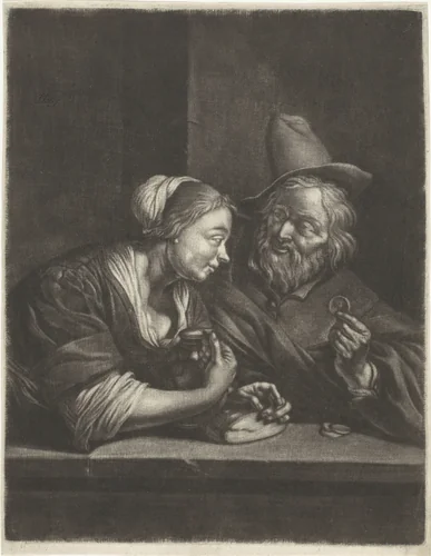 Jonge vrouw en oude man by Jacob Toorenvliet, print, 1651-1719
