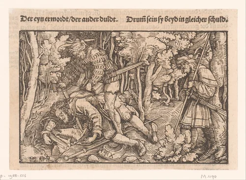Struikrover vermoordt een pelgrim terwijl rechts een man toekijkt by anonymous, print, 1531