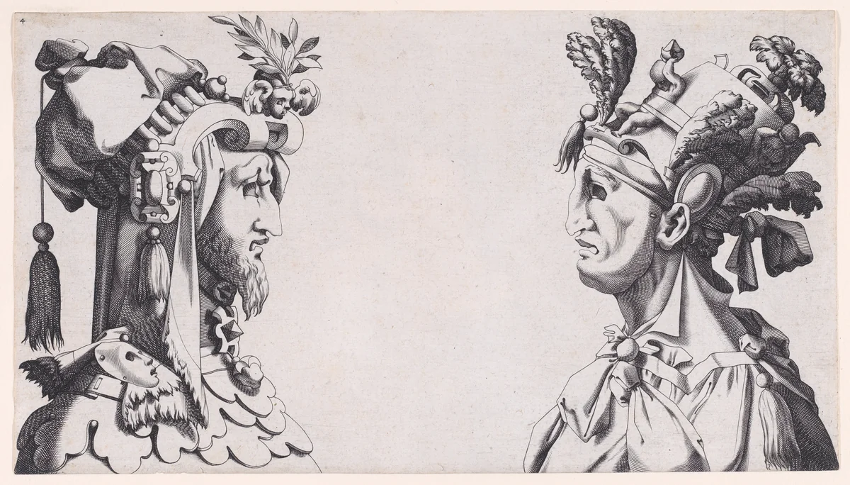 Two Male Busts with Head-dresses for the Ballet by René Boyvin, print, 1525-1600