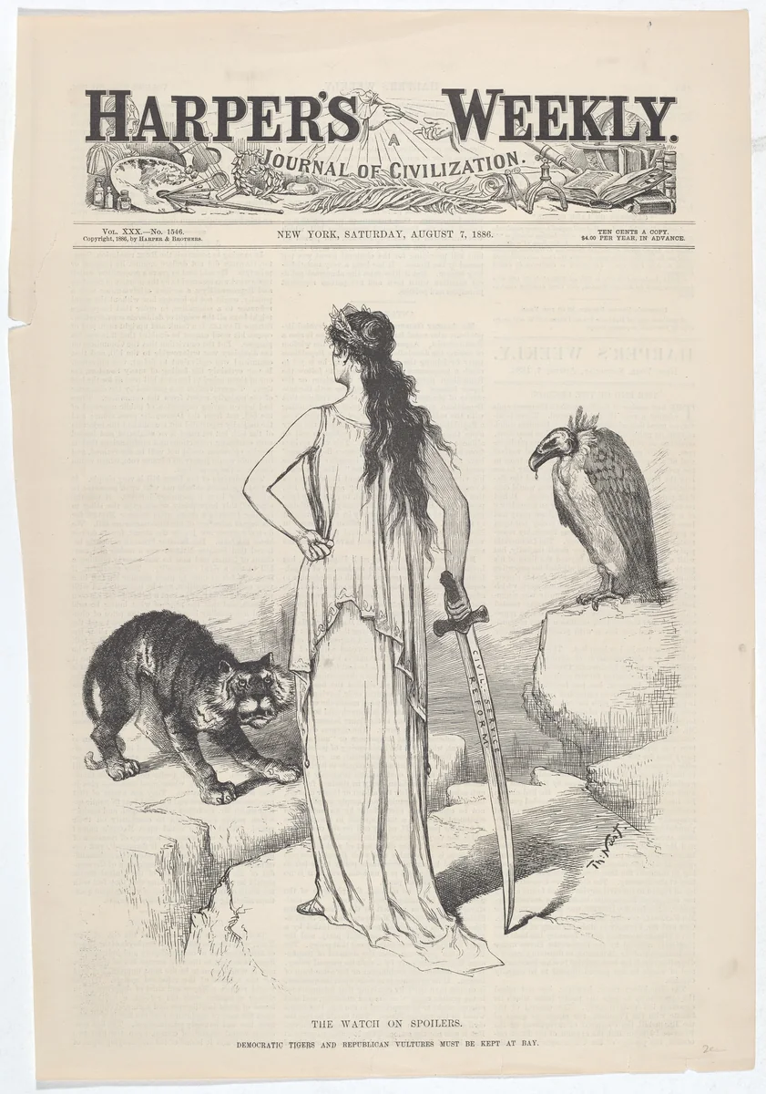 The Watch on Spoilers. The Democratic Tigers and Republian Vultures Must Be Kept at Bay. by Thomas Nast, print, 1886