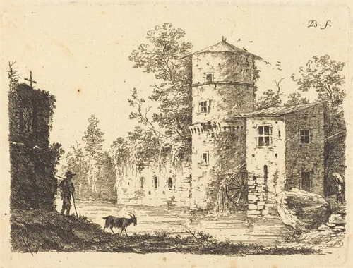 Ancient Tower with a Water Mill by Jean Jacques de Boissieu, print, 1759