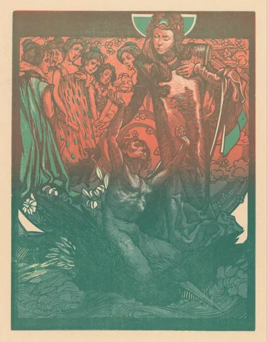 Vrouwenfiguren met man op rug van vogel by Johannes Josephus Aarts, print, 1881-1934