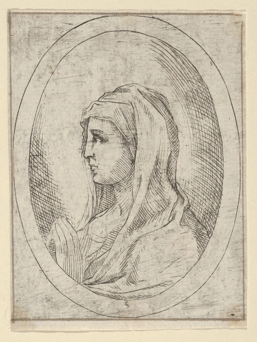 The Virgin in prayer, seen in profile facing left, in an oval frame, from "Christ, the Virgin, and Thirteen Apostles" by anonymous, print, 1600-1640