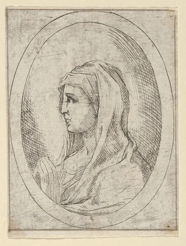 The Virgin in prayer, seen in profile facing left, in an oval frame, from "Christ, the Virgin, and Thirteen Apostles" by anonymous, print, 1600-1640