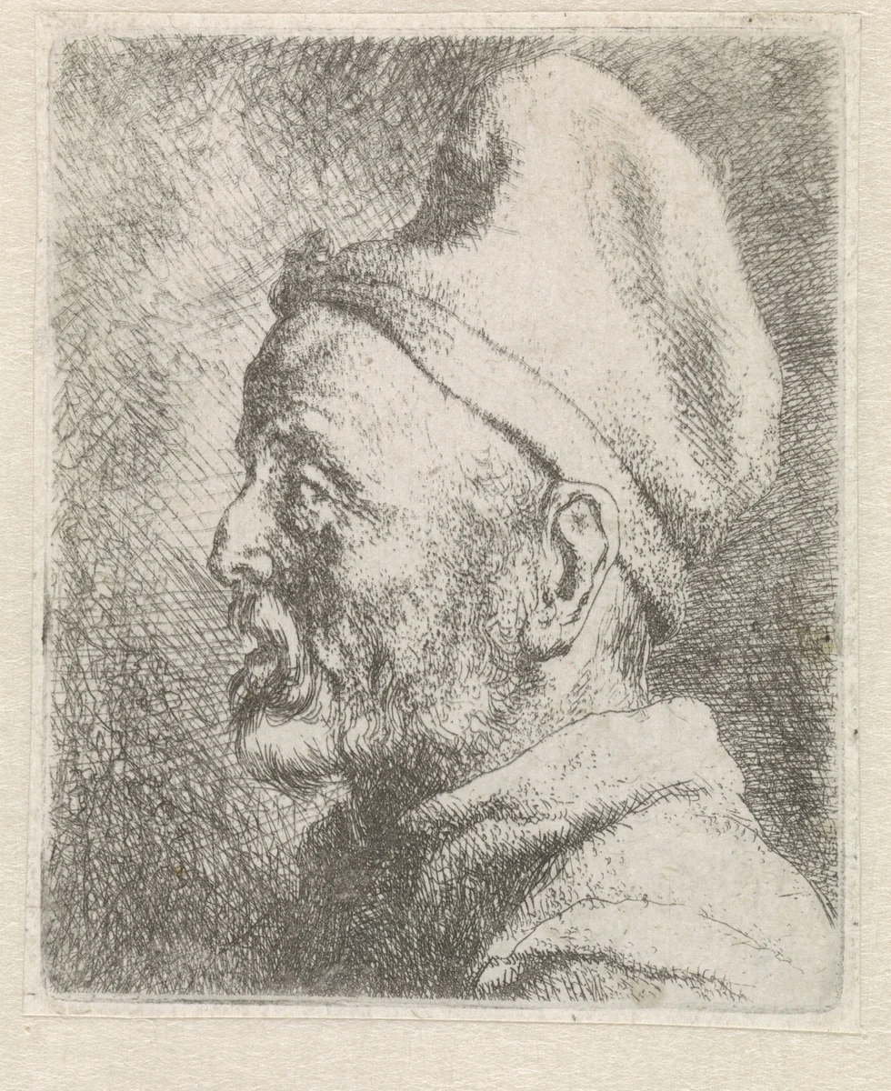 Hoofd van een oude man met hoge muts by Jan Lievens, print, 1625-1674