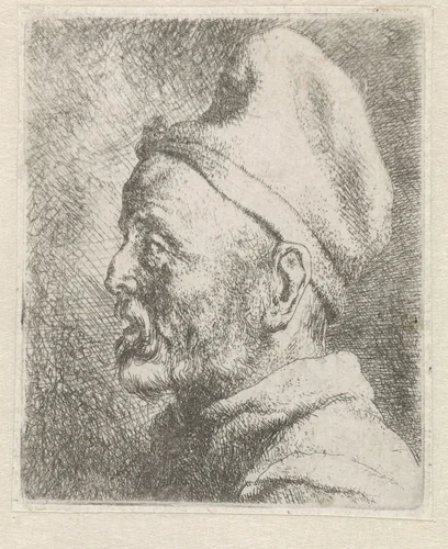 Hoofd van een oude man met hoge muts by Jan Lievens, print, 1625-1674