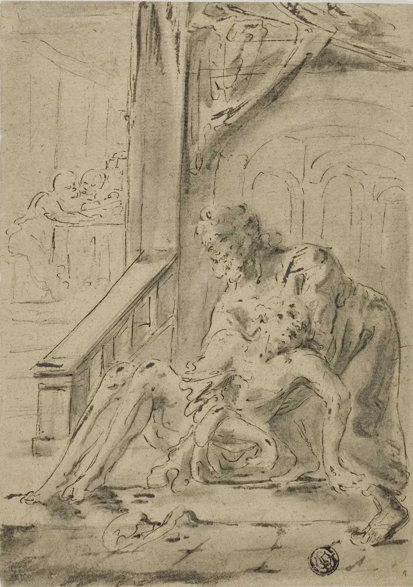 Old Man Supporting Young Man by Unknown Artist, drawing, 1600-1699