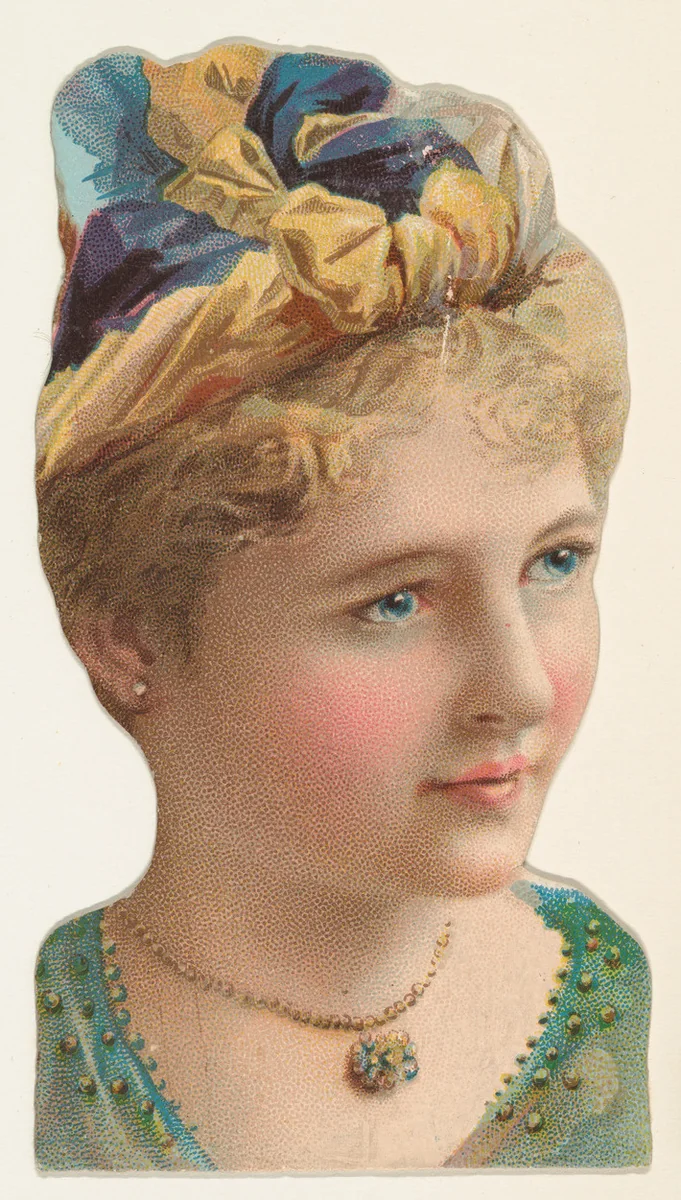 Actress wearing blue and yellow unstructured hat, from Stars of the Stage, Fourth Series (N132) issued by Duke Sons & Co. to promote Honest Long Cut Tobacco by W. Duke, Sons & Co., print, 1892-1893