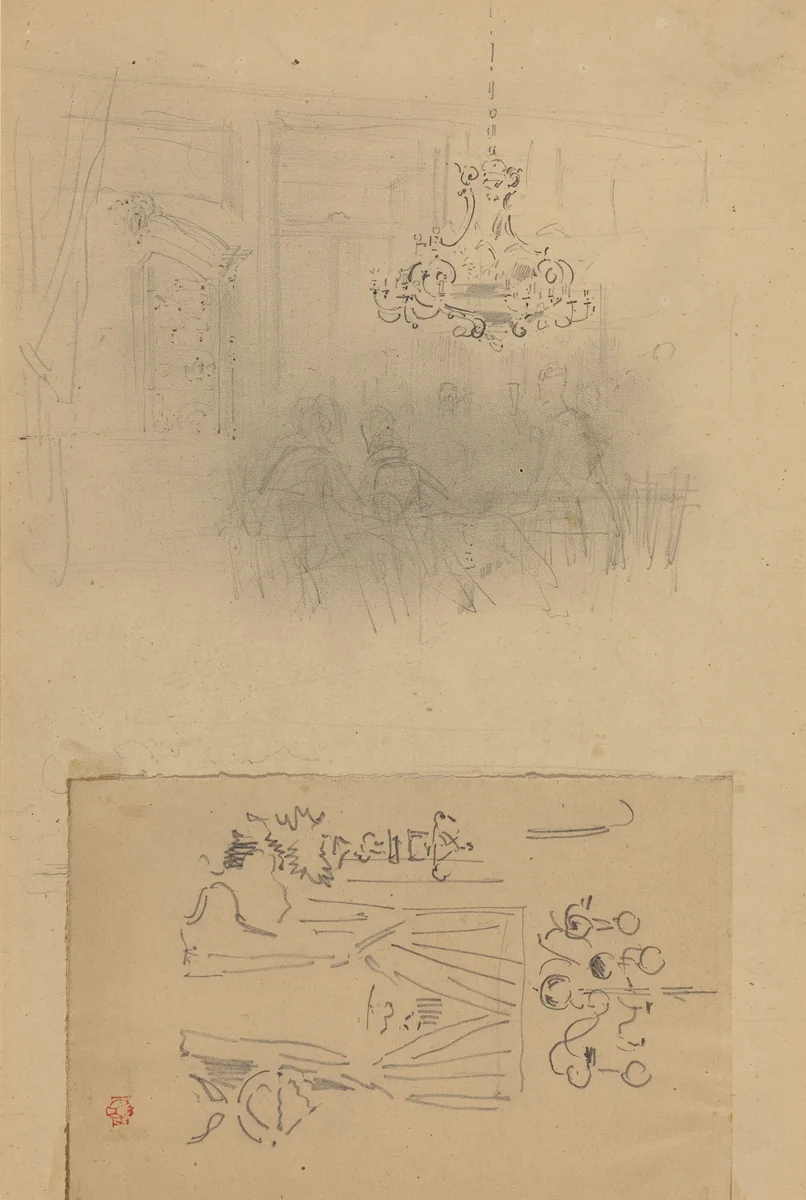 A Gathering in an Interior; A Curtained Doorway by Félix-Hilaire Buhot, drawing, 1847-1898