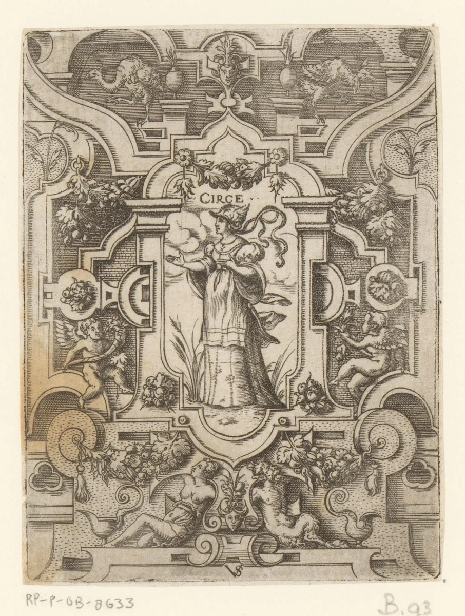 Circe in een rolwerk omlijsting by Unknown, print, 1524-1562