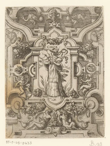 Circe in een rolwerk omlijsting by Unknown, print, 1524-1562