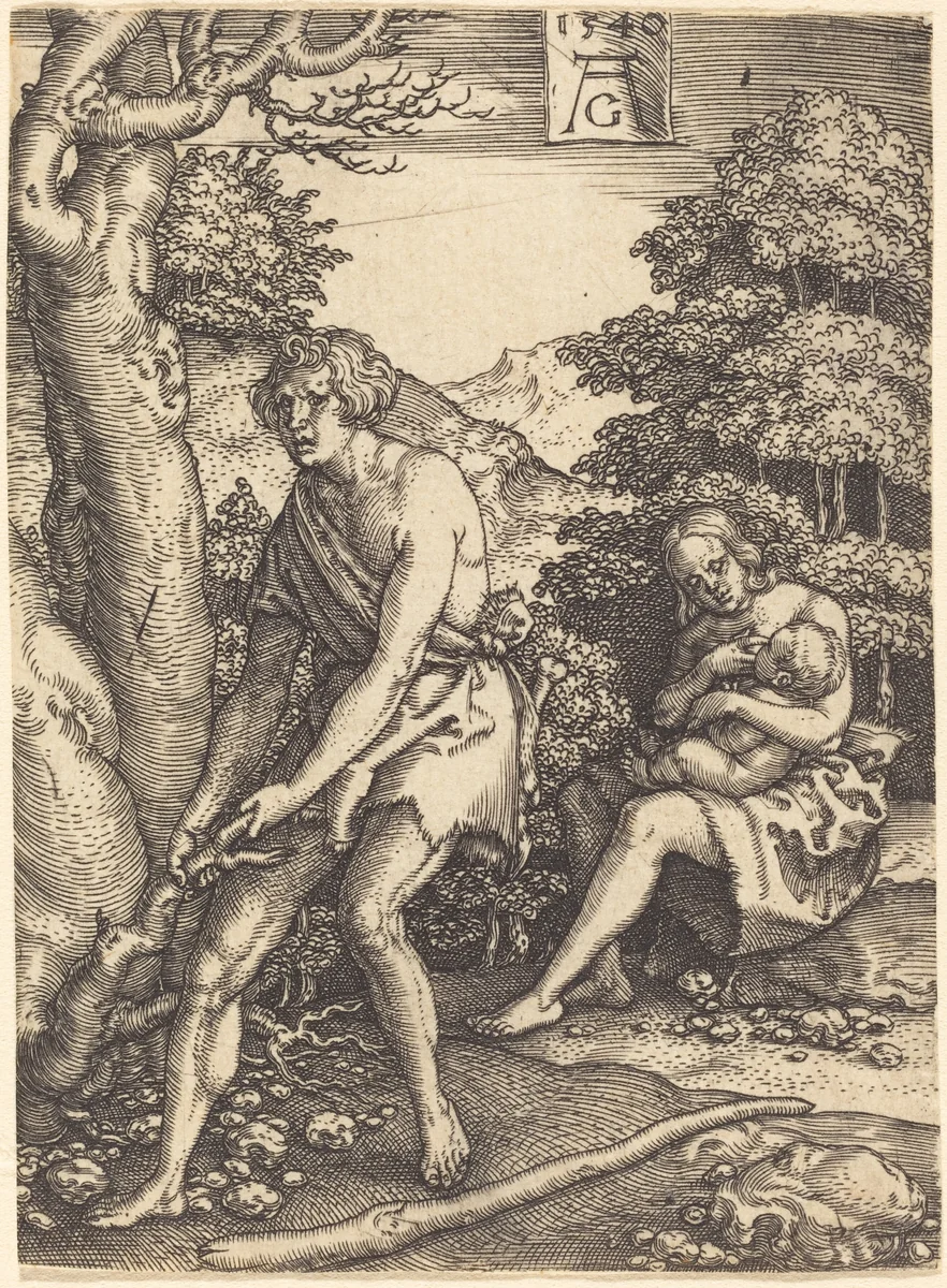Adam and Eve at Work by Heinrich Aldegrever, print, 1540
