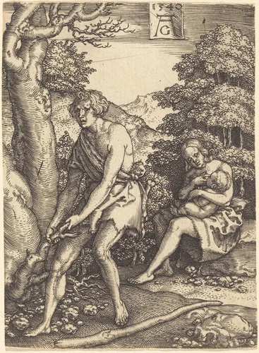 Adam and Eve at Work by Heinrich Aldegrever, print, 1540