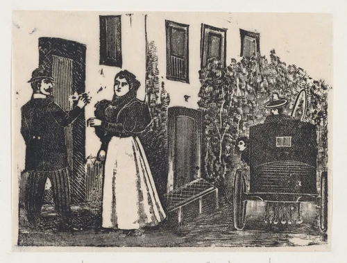 A middle-class couple (Maria la chiquita) outside a house with a waiting coach by José Guadalupe Posada, print, 1875-1885