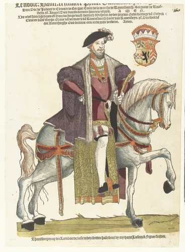 Portret van hertog Willem van Kleef, Gulik en Berg, graaf van Mark, heer van Ravenstein te paard by Hans Liefrinck, print, 1543-1573