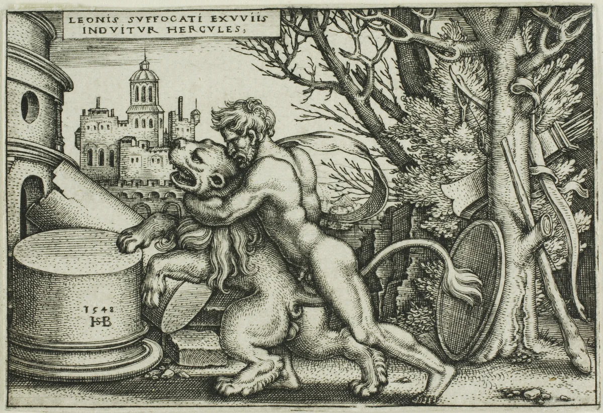 Hercules and the Nemean Lion, from The Labors of Hercules by Sebald Beham, print, 1548