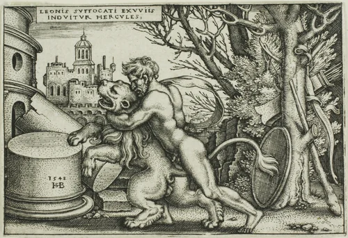 Hercules and the Nemean Lion, from The Labors of Hercules by Sebald Beham, print, 1548