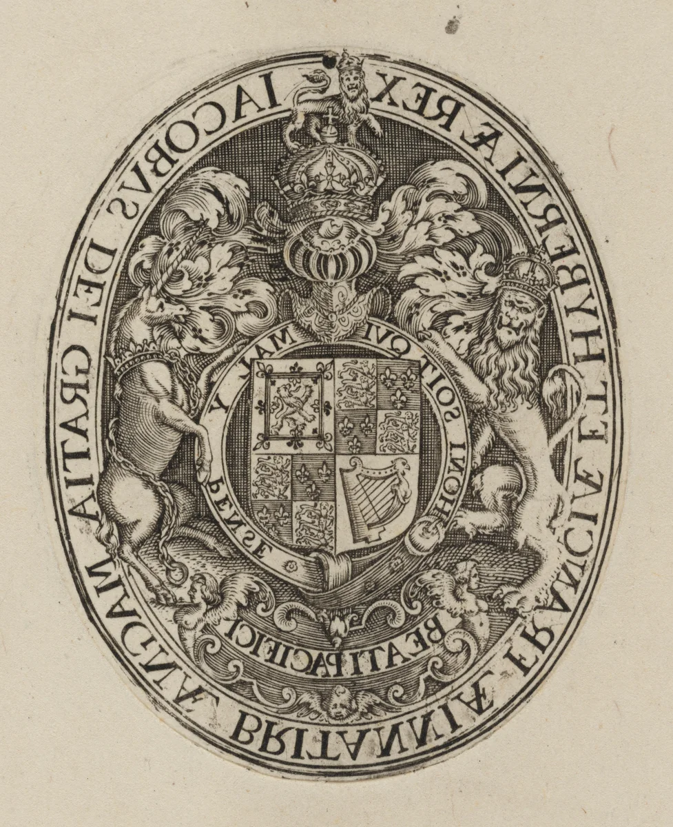 Shield of James I [bottom half] by Simon van de Passe, print, 1595-1647