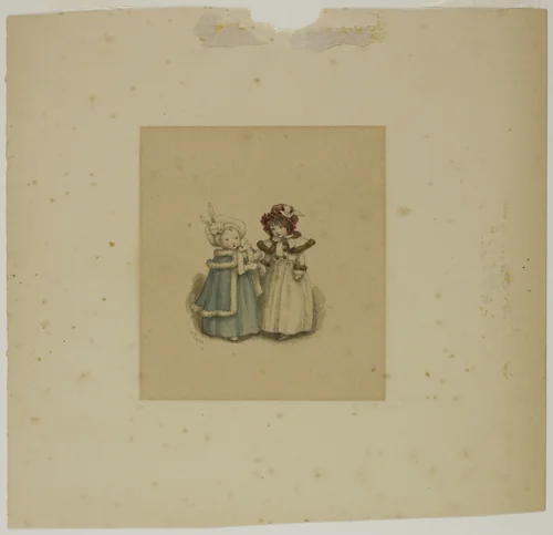 Two Little Girls in Fur-Trimmed Coats by Kate Greenaway, painting, 1900
