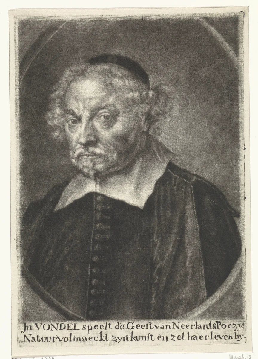 Portret van Joost van den Vondel by Johannes de Groot, print, 1722-1745