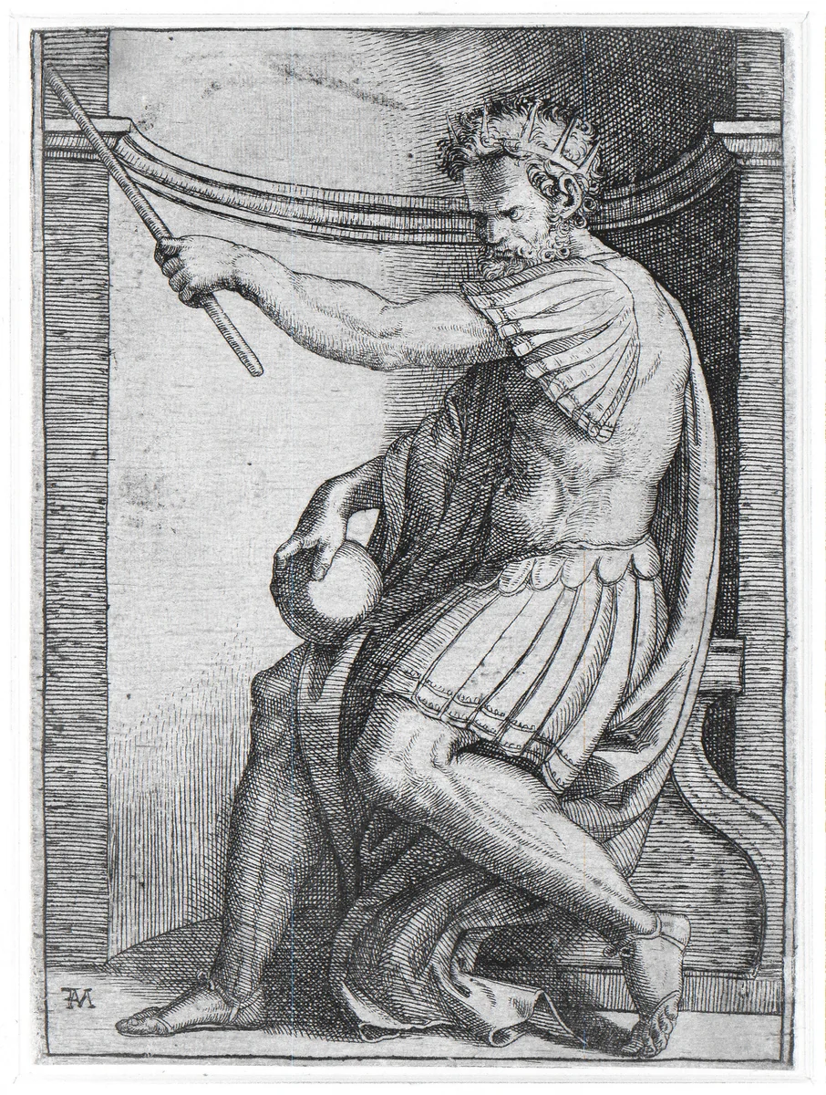 Keizer met kroon en scepter en globe zittend op troon in nis by Unknown, print, 1510-1527