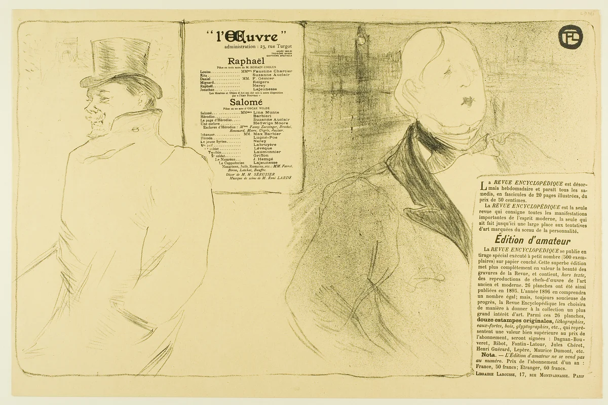 Oscar Wilde and Romain Coolus—Program for Raphaël and Salomé by Henri de Toulouse-Lautrec, print, 1896