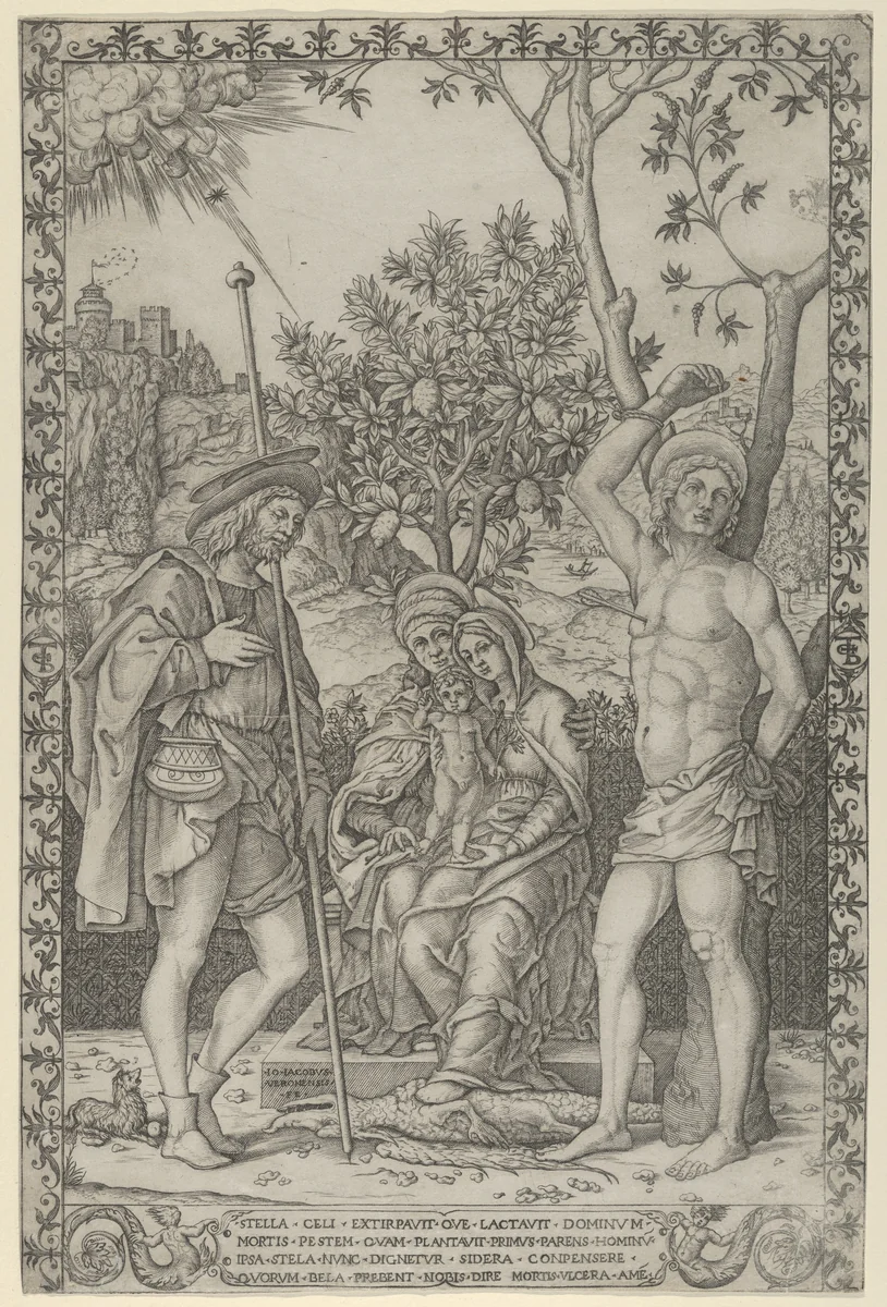 The Virgin and Child on the lap of St. Anne, with St. Roch and St. Sebastian by Giovanni Jacopo Caraglio, print, 1512-1522