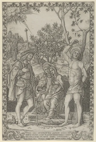 The Virgin and Child on the lap of St. Anne, with St. Roch and St. Sebastian by Giovanni Jacopo Caraglio, print, 1512-1522