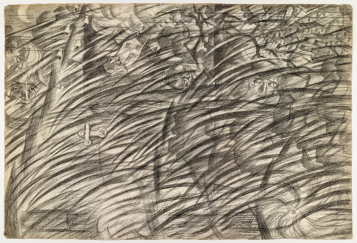 States of Mind: Those Who Go by Umberto Boccioni, drawing, 1911