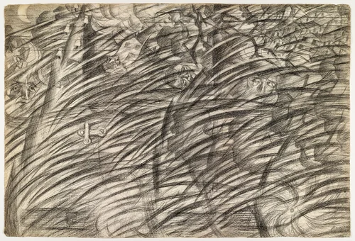 States of Mind: Those Who Go by Umberto Boccioni, drawing, 1911