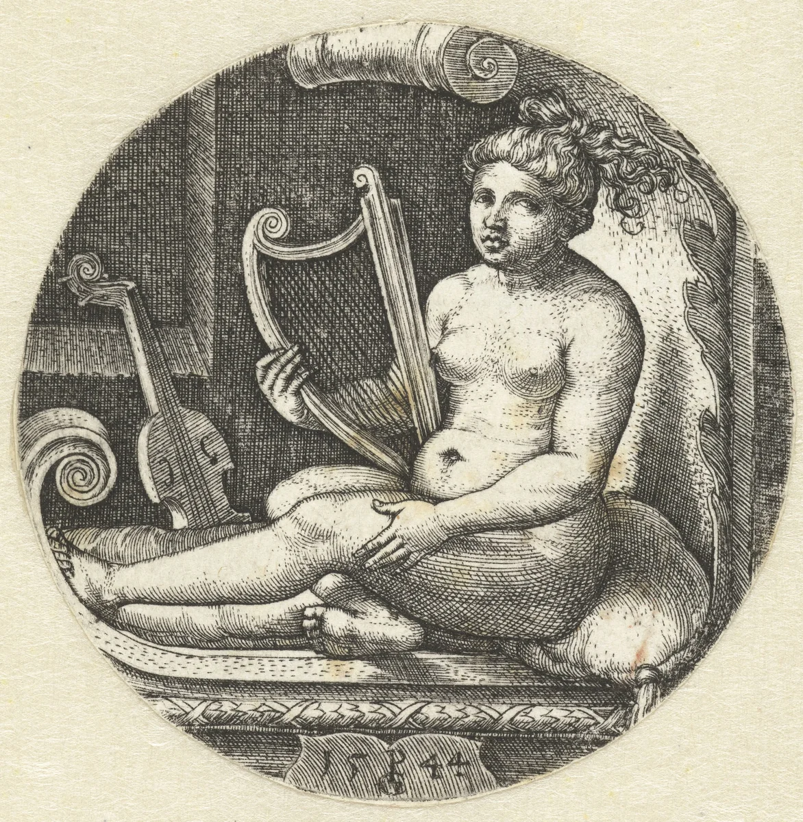 Zittende naakte vrouw met een harp by Unknown, print, 1544