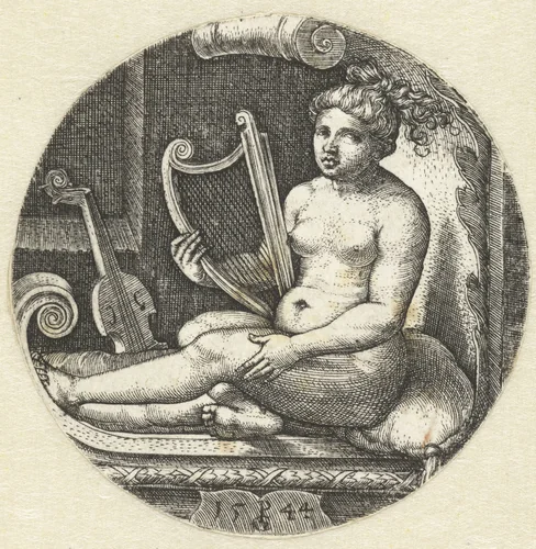 Zittende naakte vrouw met een harp by Unknown, print, 1544