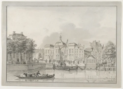 The Old Stock Exchange (Koopmansbeurs), Rotterdam, seen from the East, with the Kolk and the Beursplein in the Foreground by Jan de Beijer, drawing, 1750