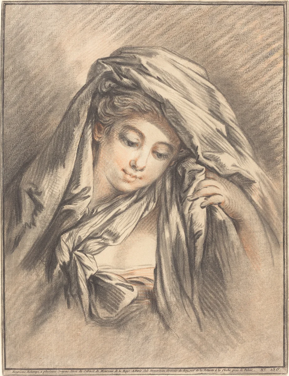 Young Woman with Her Head Covered by Gilles Demarteau the Elder, print, 1767